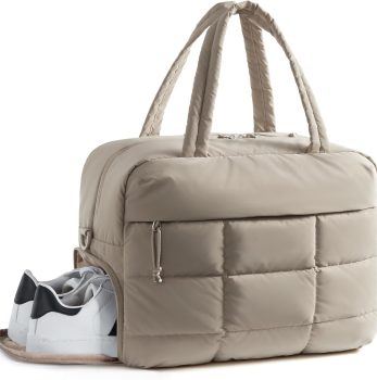 Small Gym Bag for Women, 23L Carry on Travel Duffle Bag, Water-resistant Weekender with Shoe Compartment, Camel